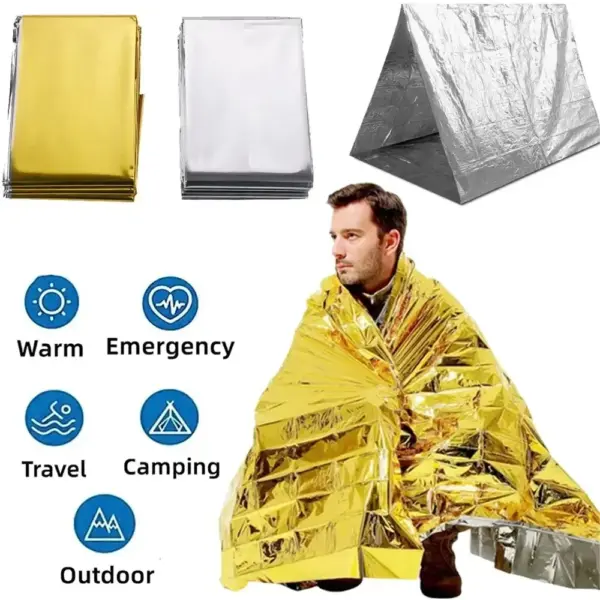 Emergency Thermal Blanket – Foil Mylar Survival Blanket for Outdoor Camping, First Aid & Rescue (1–10 PCS) - Image 2